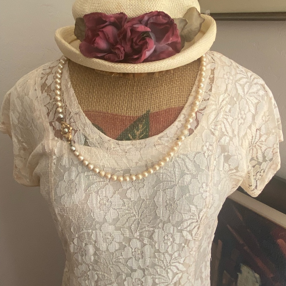 Lace MIDI Flowing Cream Color Dress with Attached Slip Cap Sleeves Cool Comfort
